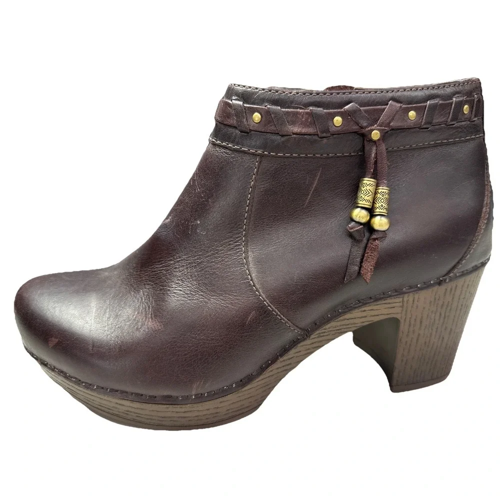 Dansko Brown Leather Dabney Ankle‎ Boots Sz 40 US 9 Heeled Tassel Side Zip 3g